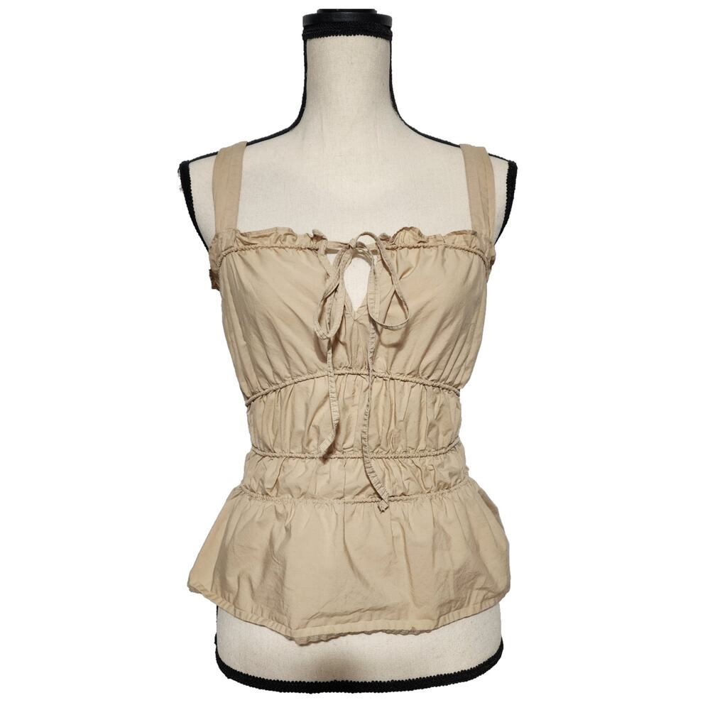 Top Shop Cotton Kahki Peplum Ruched Smocked Tiered Ruffle Fairy Top Size Small